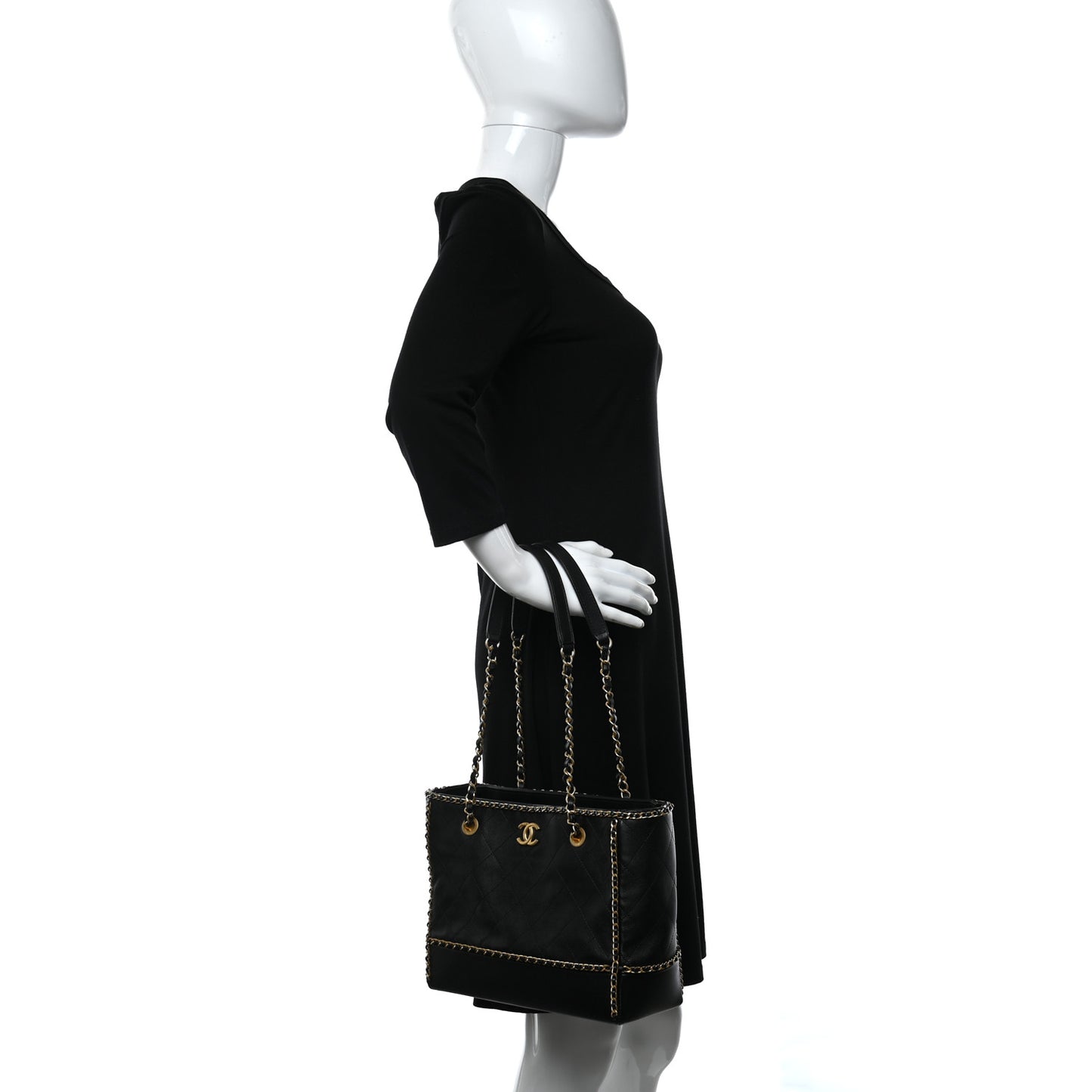 Calfskin Quilted Chain Lines Shopping Tote Black