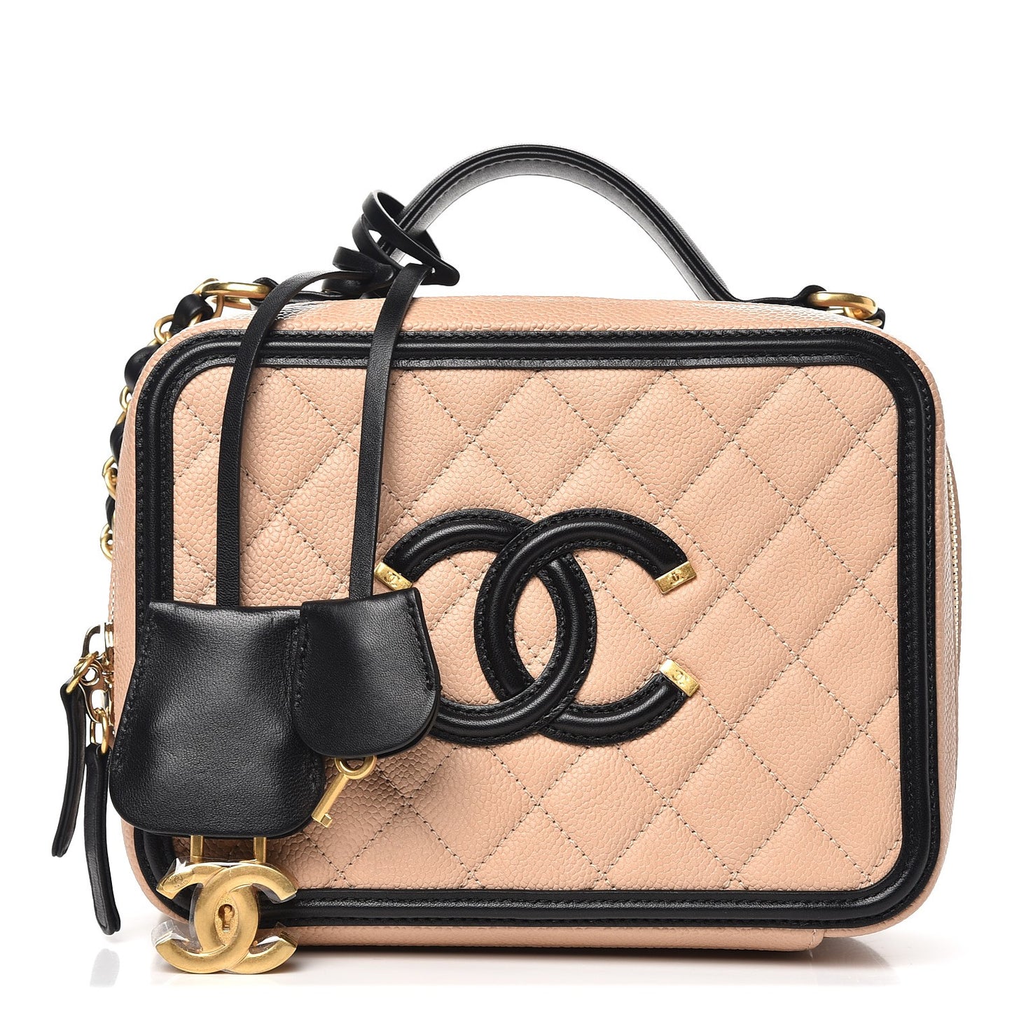 Caviar Quilted Medium CC Filigree Vanity Case Beige Black