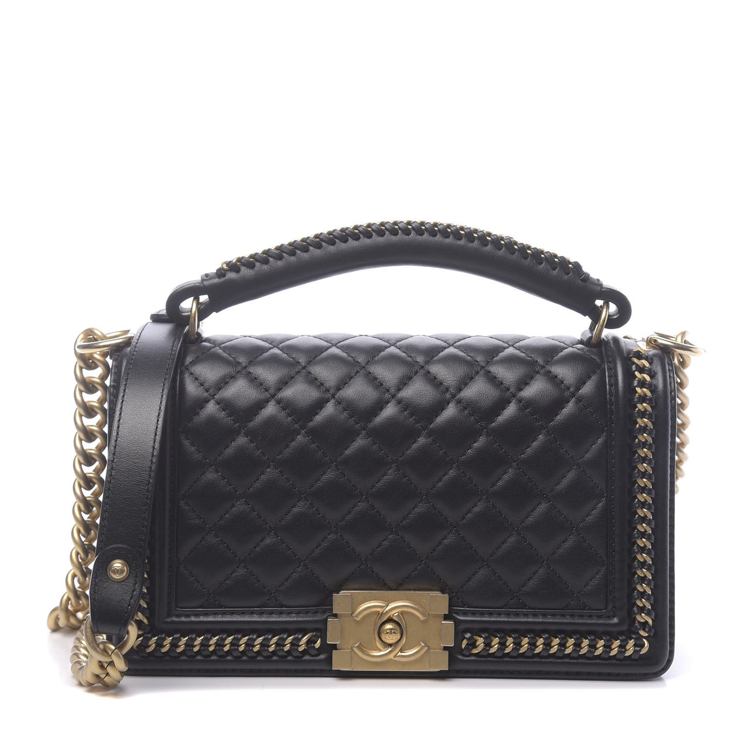 Calfskin Quilted Medium Boy Top Handle Flap Black