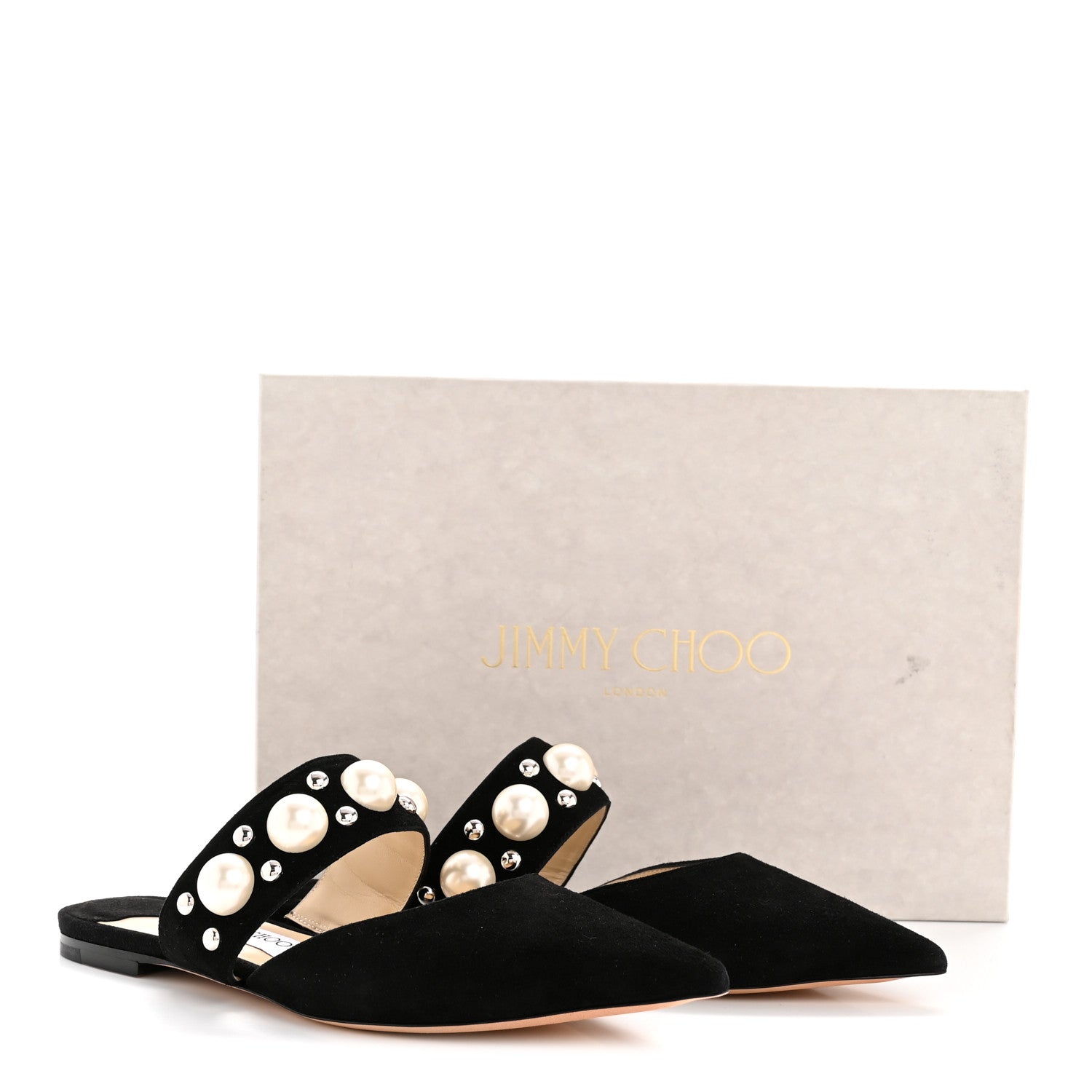 JIMMY CHOO BASETTE スエード スタッズ パール ミュール Jimmy Choo Suede Pearly Stud Embellished Basette Flat Mules 39