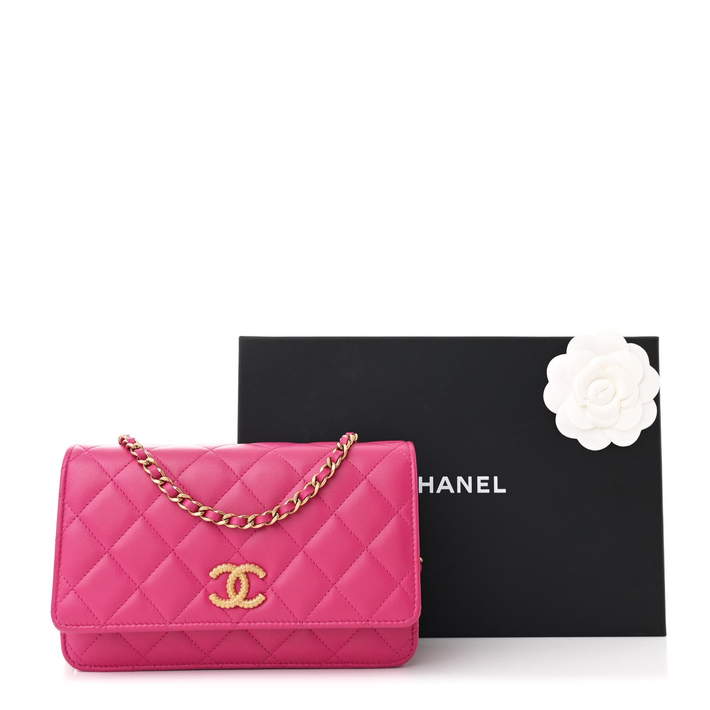Lambskin Quilted Studded CC Wallet On Chain WOC Dark Pink