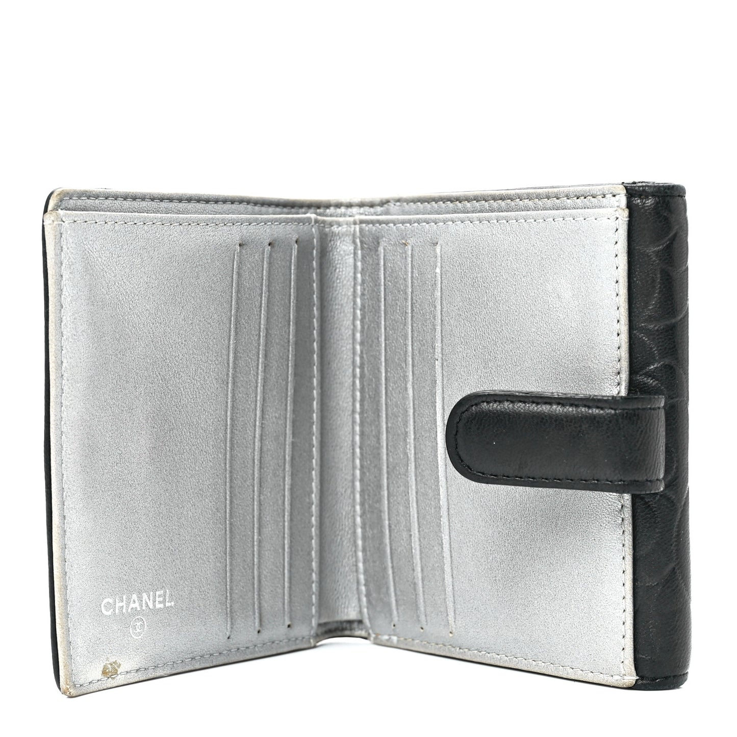Lambskin Camellia Embossed Small Double Wallet Black