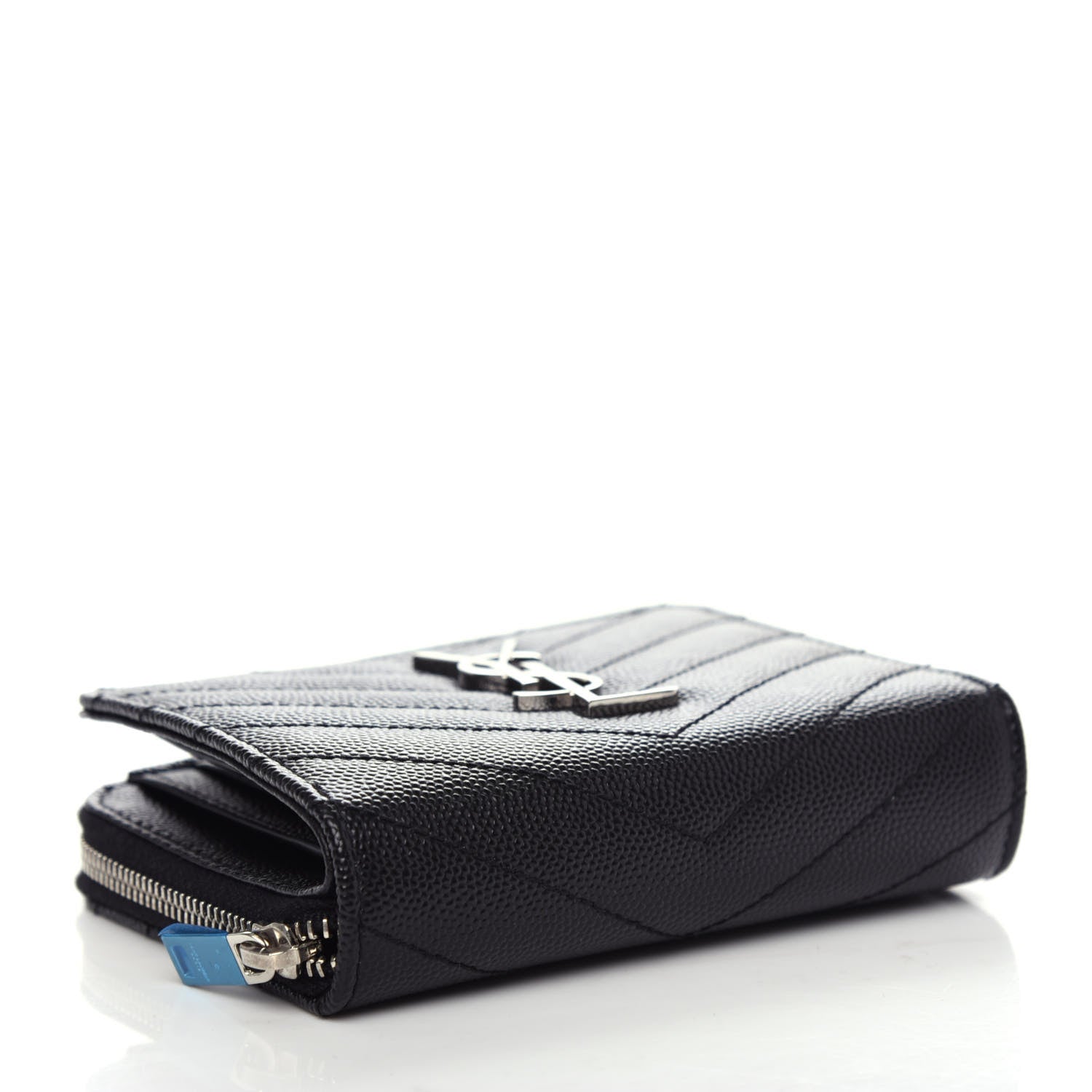 Saint Laurent Grain De Poudre Matelasse Chevron Monogram Compact Zip Around Wallet Black 4 of 9