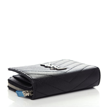 Saint Laurent Grain De Poudre Matelasse Chevron Monogram Compact Zip Around Wallet Black 4 of 9