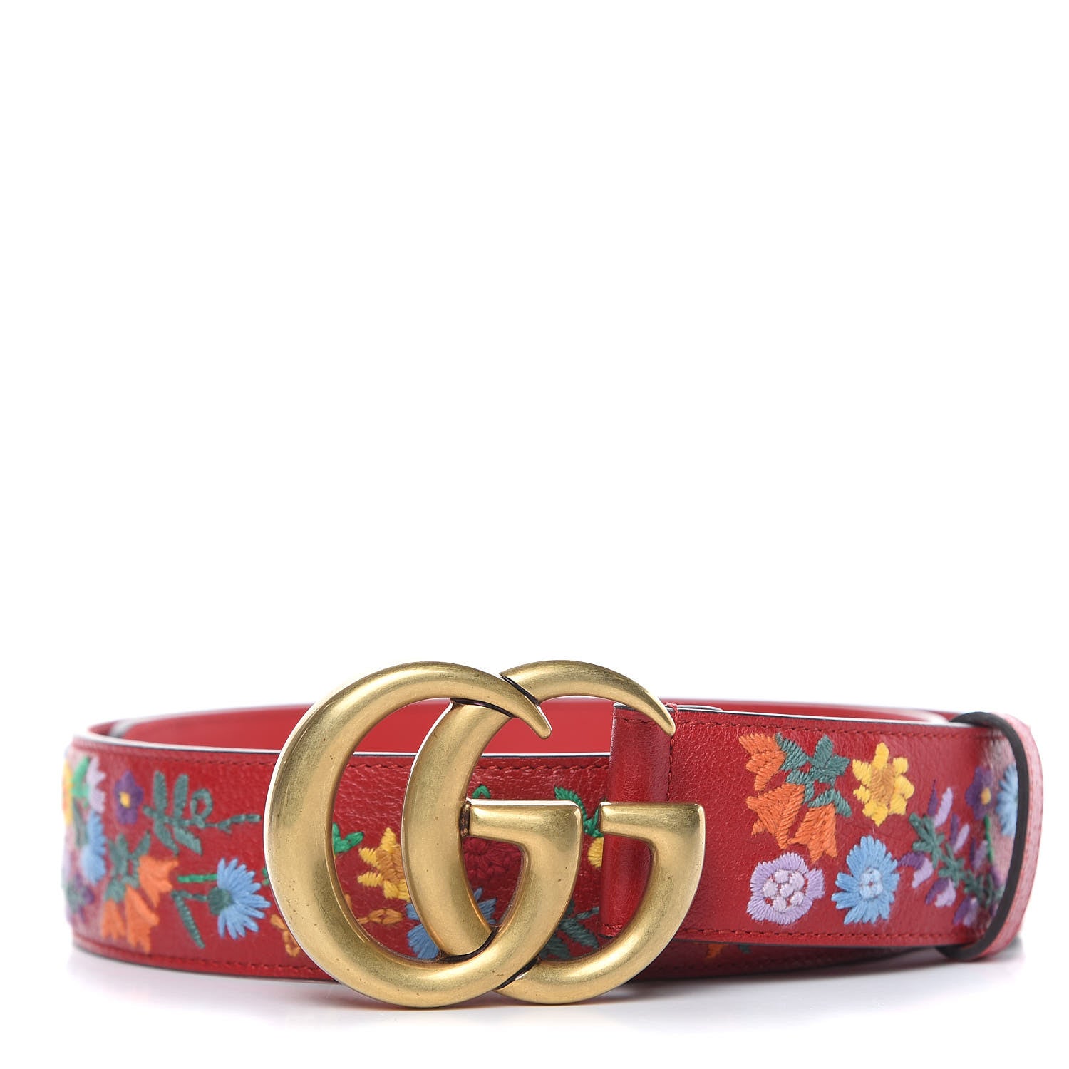 Gucci Textured Calfskin Flower Embroidered Double G 40mm Belt 85 34 Hibiscus Red 1 of 7