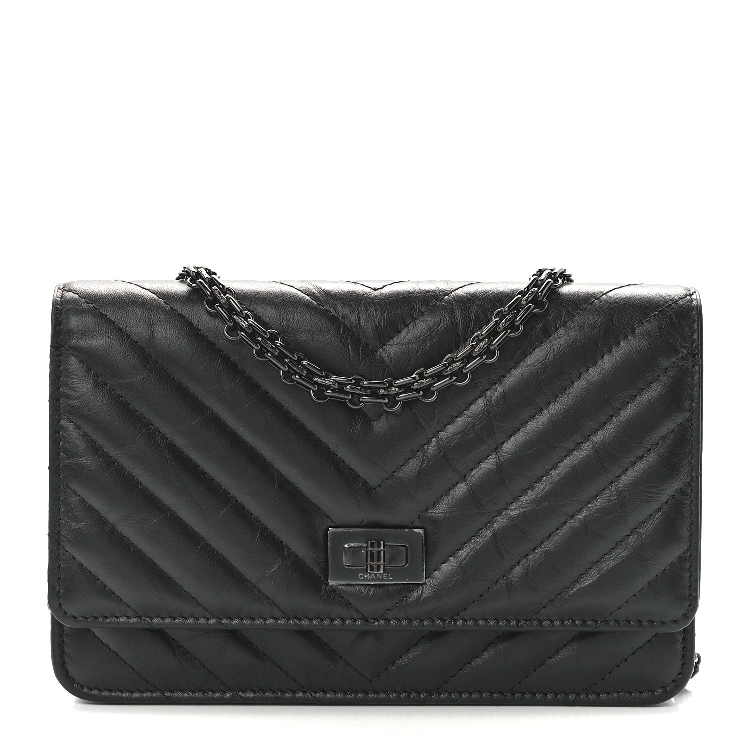Chanel Aged Calfskin Chevron Quilted Reissue Wallet On Chain WOC So Black 1 of 12