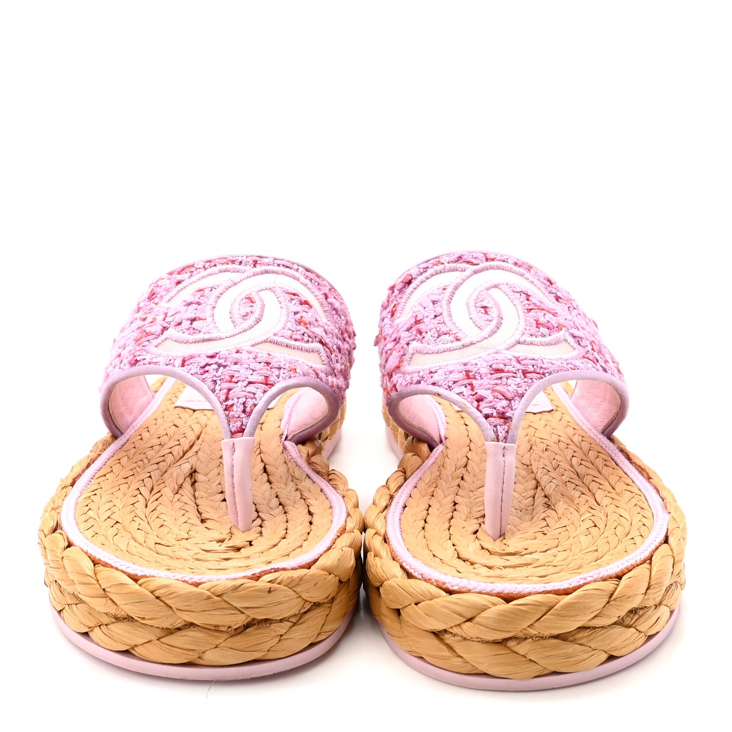 Chanel Tweed Mesh Satin CC Thong Sandals 37 Light Purple Pink Red 3 of 10