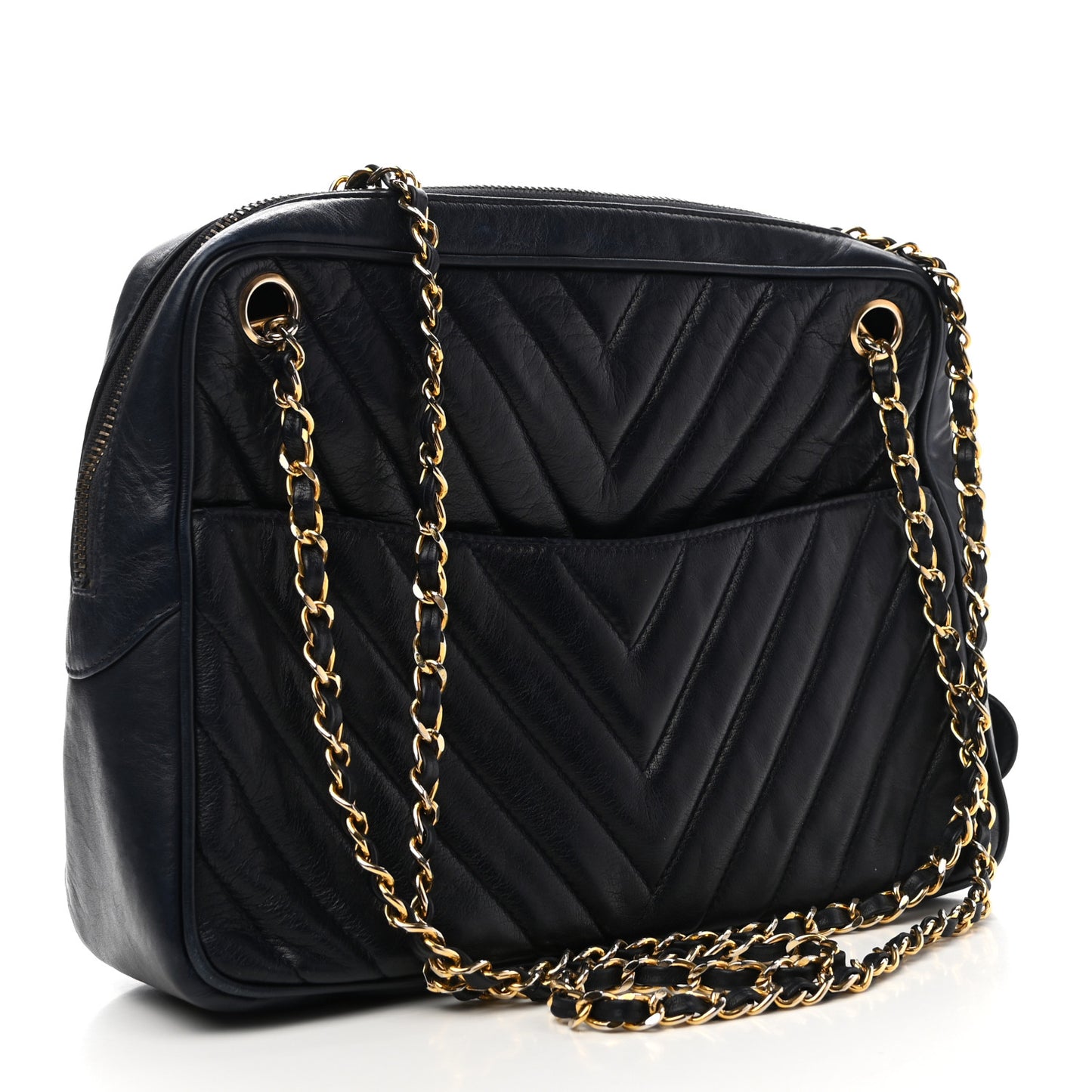 Lambskin Chevron Quilted Camera Case Navy