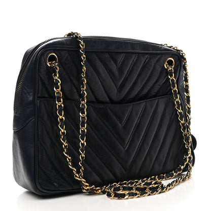 Chanel Lambskin Chevron Quilted Camera Case Navy 3 of 9