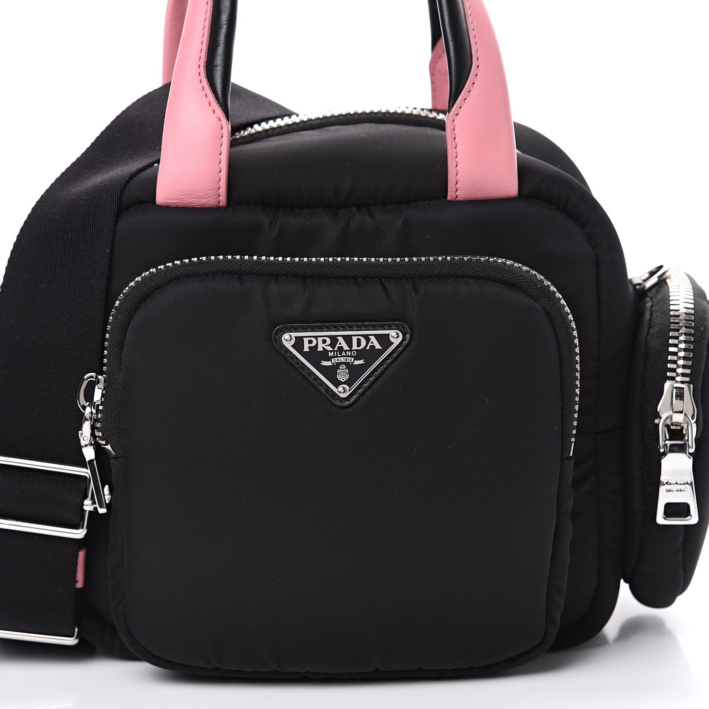 Tessuto Nylon Pocket Top Handle Cargo Bag Black Pink