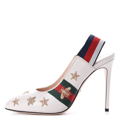 Gucci Malaga Kid Web Bee Star Embroidered Sylvie High Heel Slingback Pumps 40 White 1 of 12