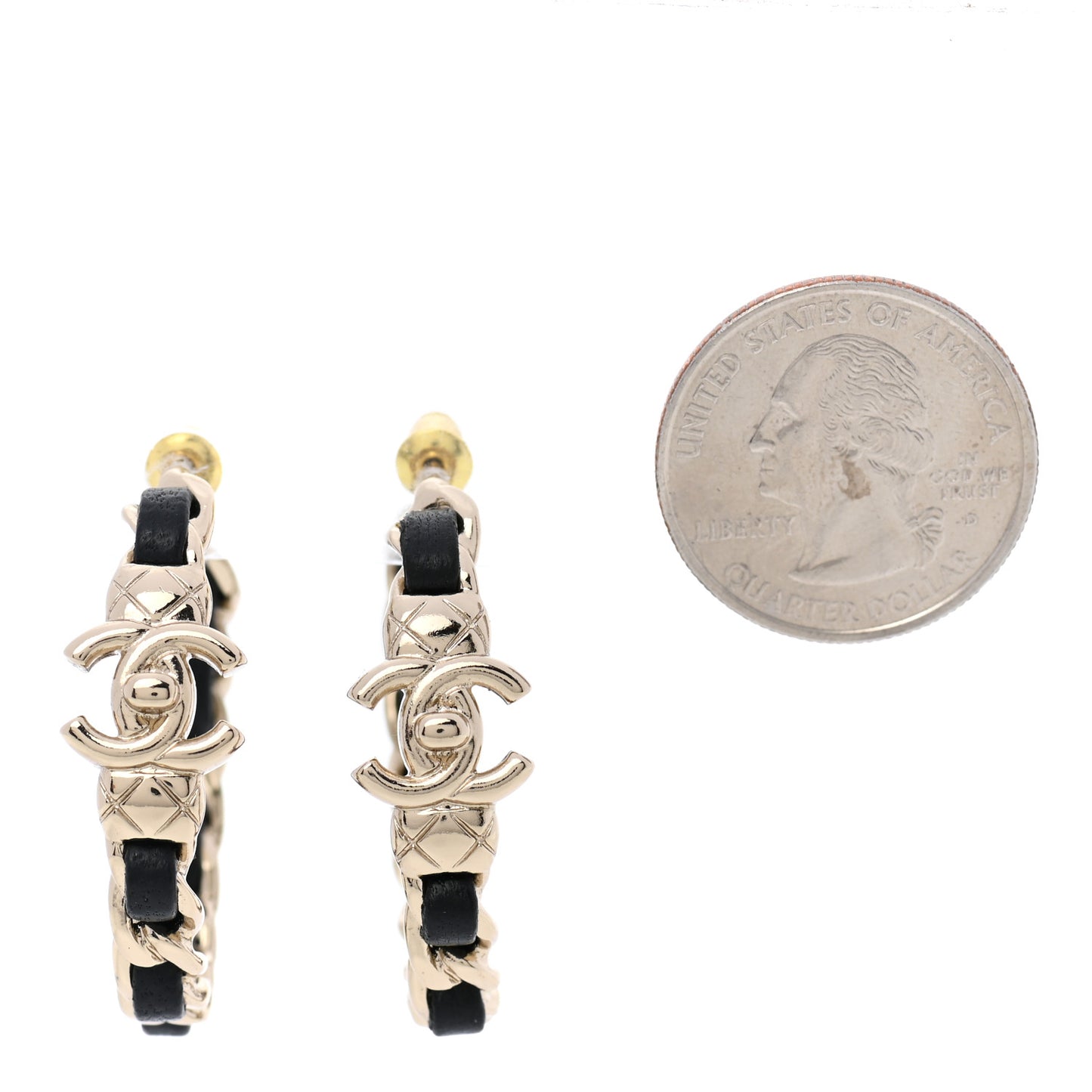 Metal Lambskin Quilted CC Turnlock Chain Hoop Earrings Gold Black