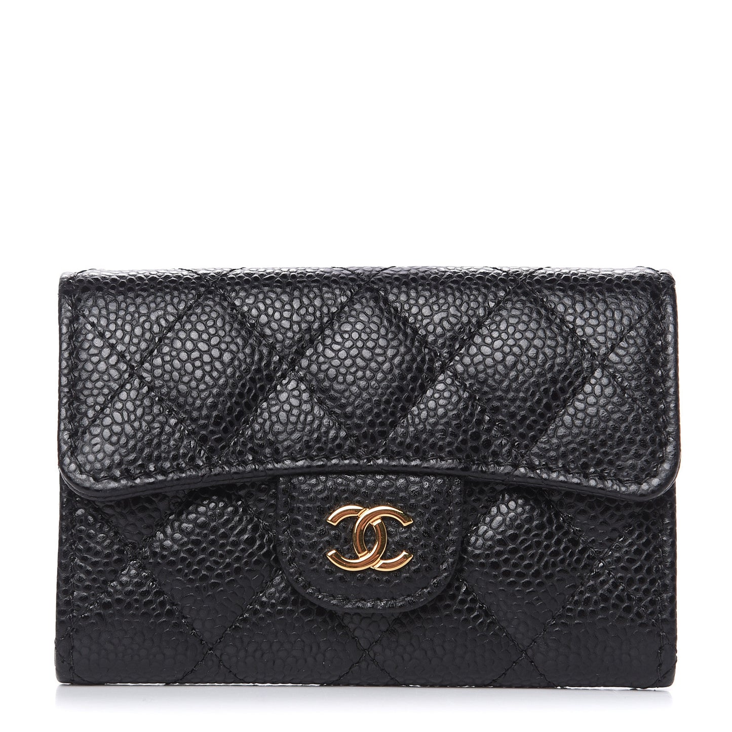 Caviar Quilted Flap Card Holder Wallet Black