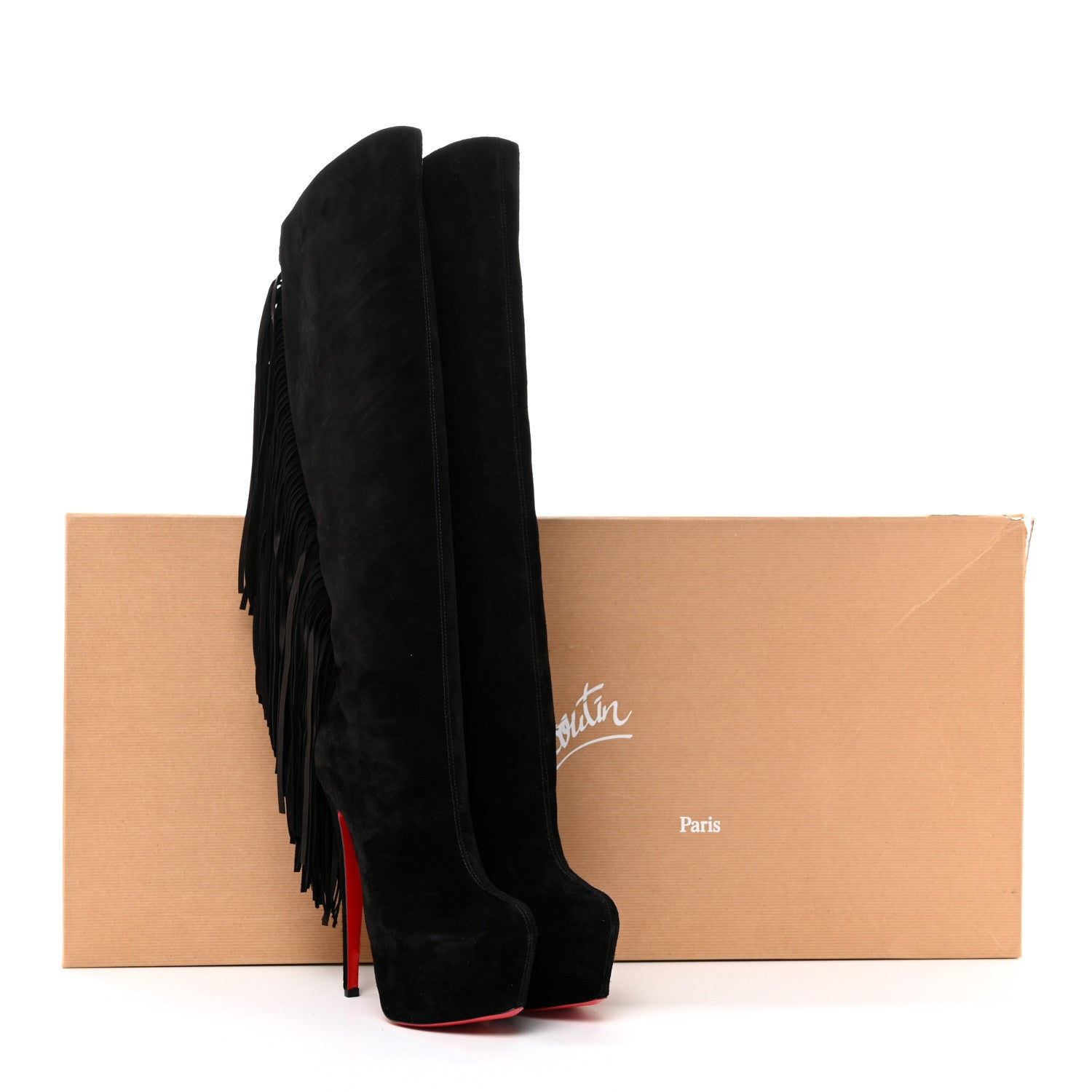 Christian Louboutin Suede Fringe Interlopa 160 Over The Knee Boots 37.5 Black 8 of 8