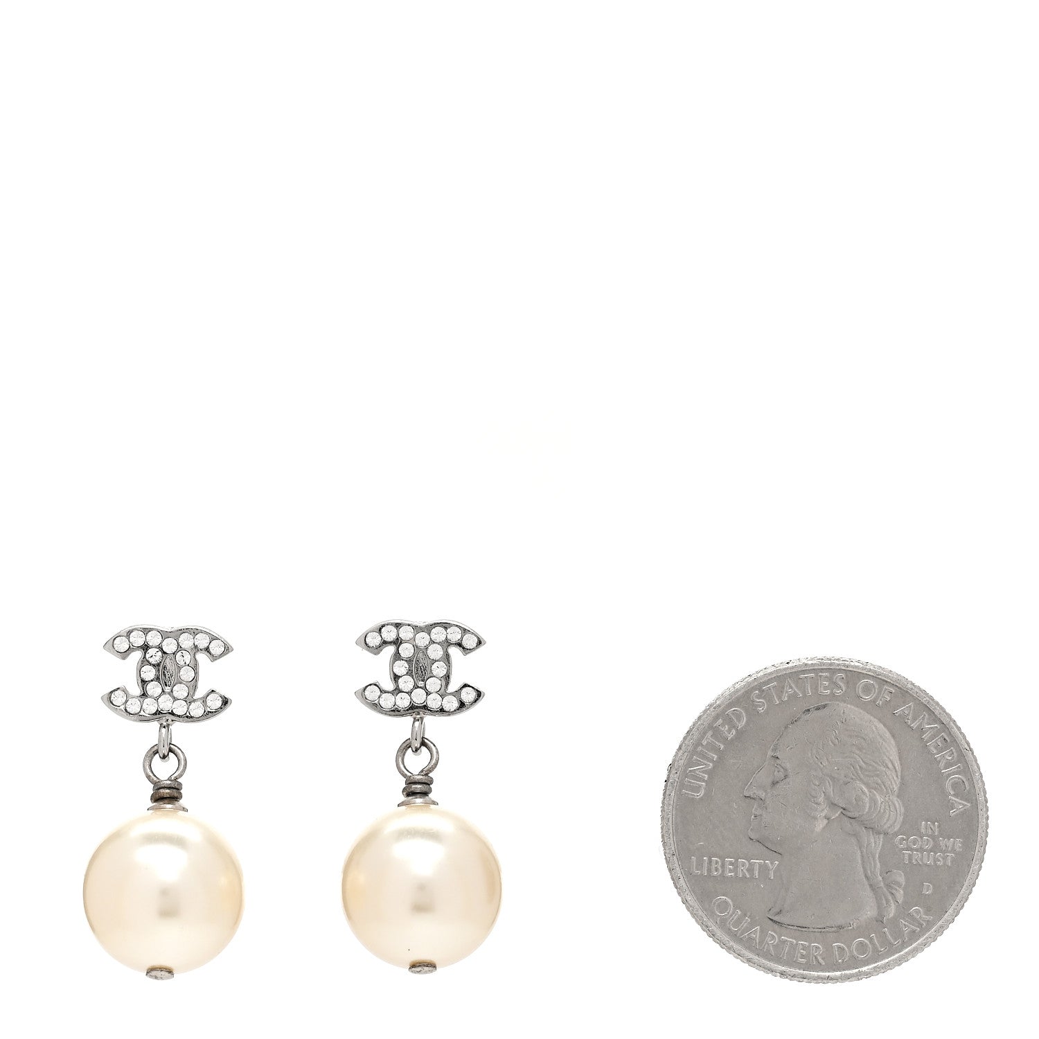 Chanel Crystal Pearl CC Drop Earrings Silver Pearly White 2 of 4