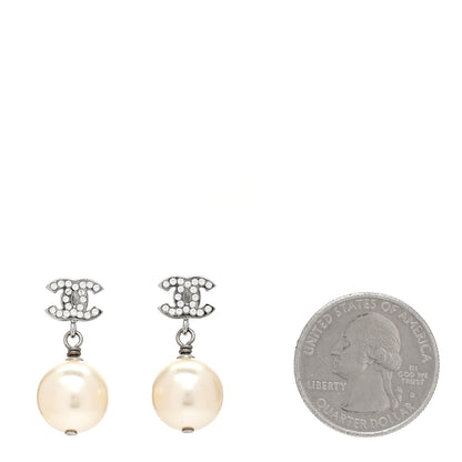 Chanel Crystal Pearl CC Drop Earrings Silver Pearly White 2 of 4