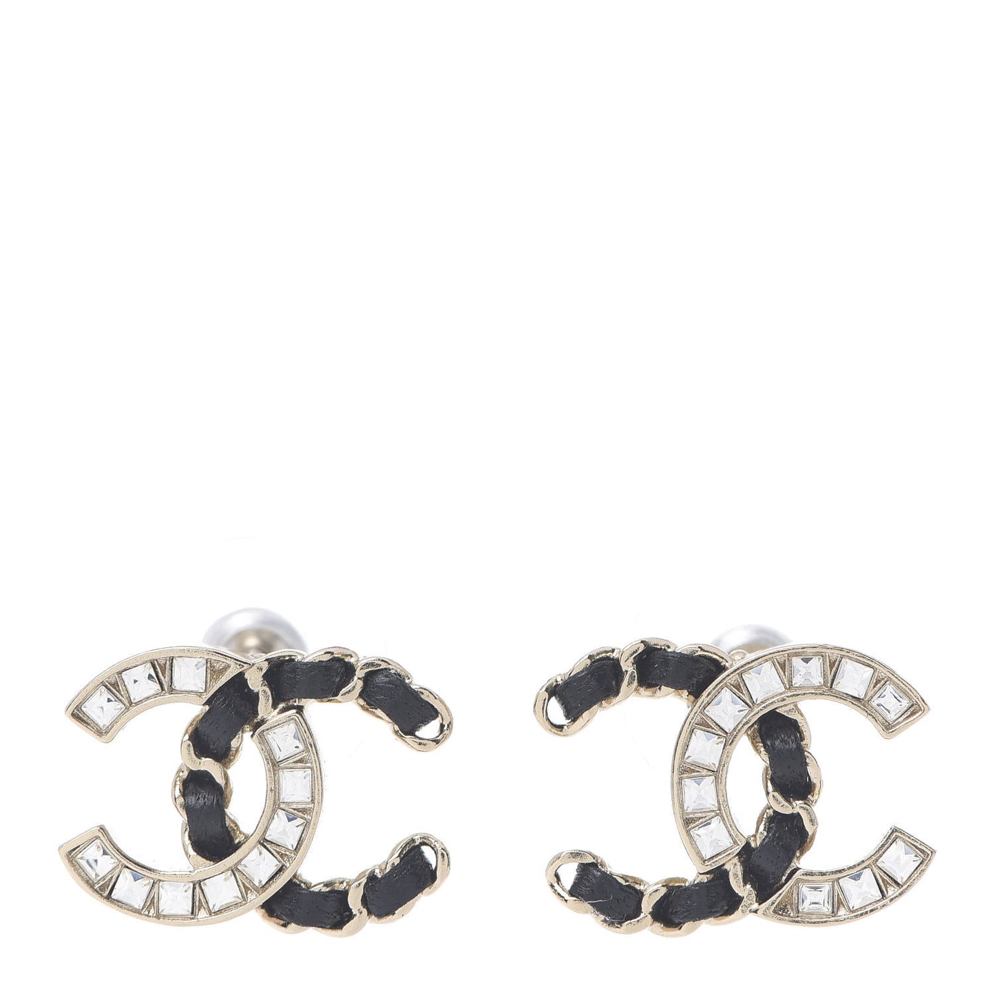 Crystal Baguette Lambskin Chain CC Vintage Allure Stud Earrings Black Gold