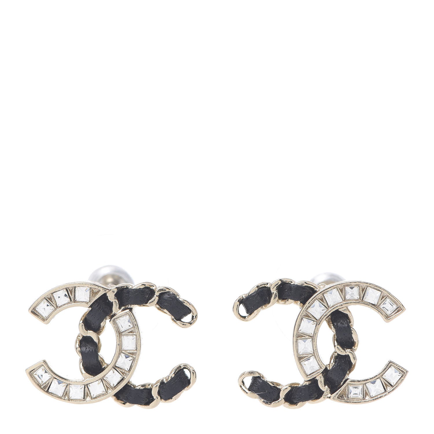 Chanel Crystal Baguette Lambskin Chain CC Vintage Allure Stud Earrings Black Gold 1 of 4