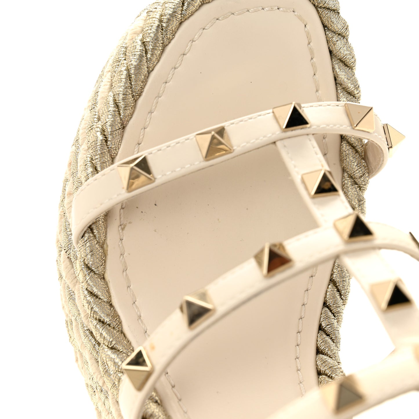 Calfskin Rockstud Ankle Strap Torchon Espadrille Caged 25/95mm Wedge Sandals 36 Light Ivory