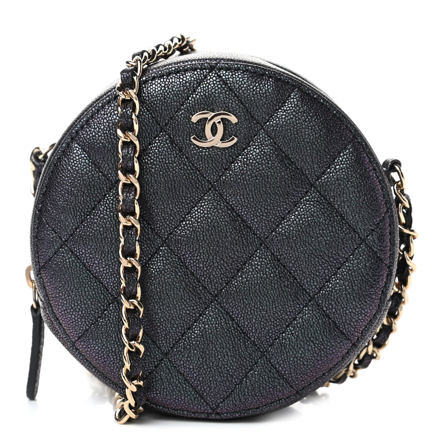 Chanel Iridescent Caviar Quilted Round Clutch With Chain Black 1 of 4