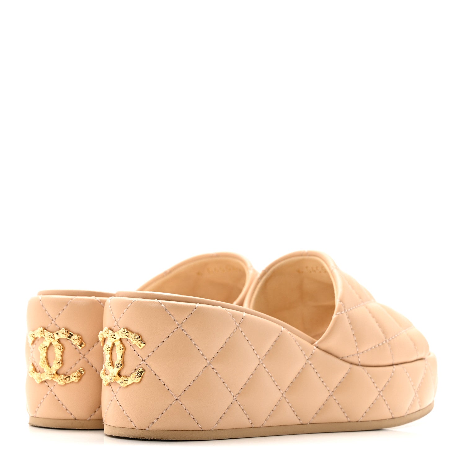 Chanel Lambskin Quilted Camelia CC Wedge Sandal Mules 37 Beige