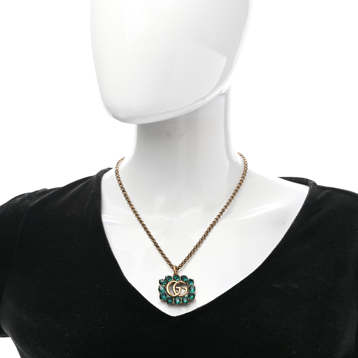 Gucci Crystal Embellished Double G Necklace Aged Gold Green 2 of 8