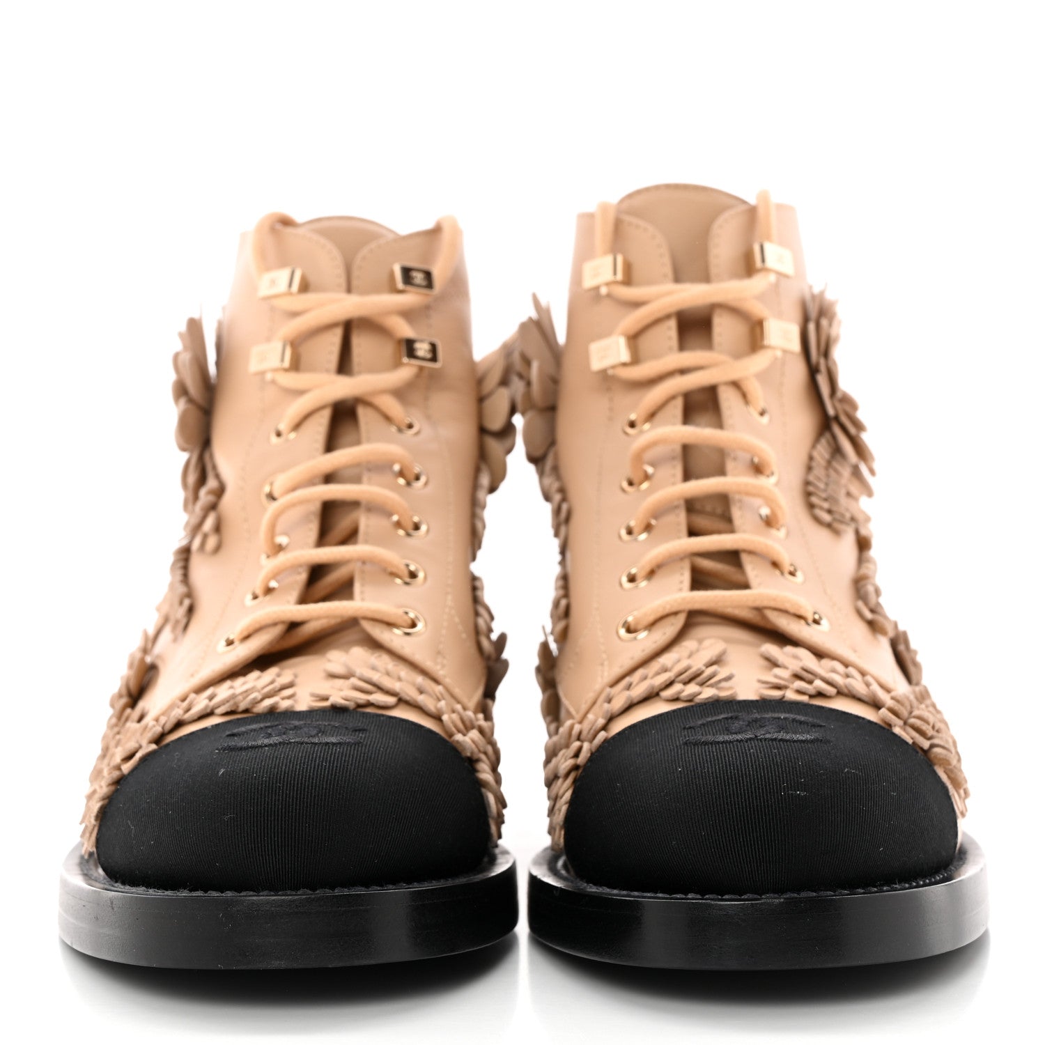 Chanel Embroidered Lambskin Grosgrain Lace Up Boots 38.5 Beige Black 2 of 15