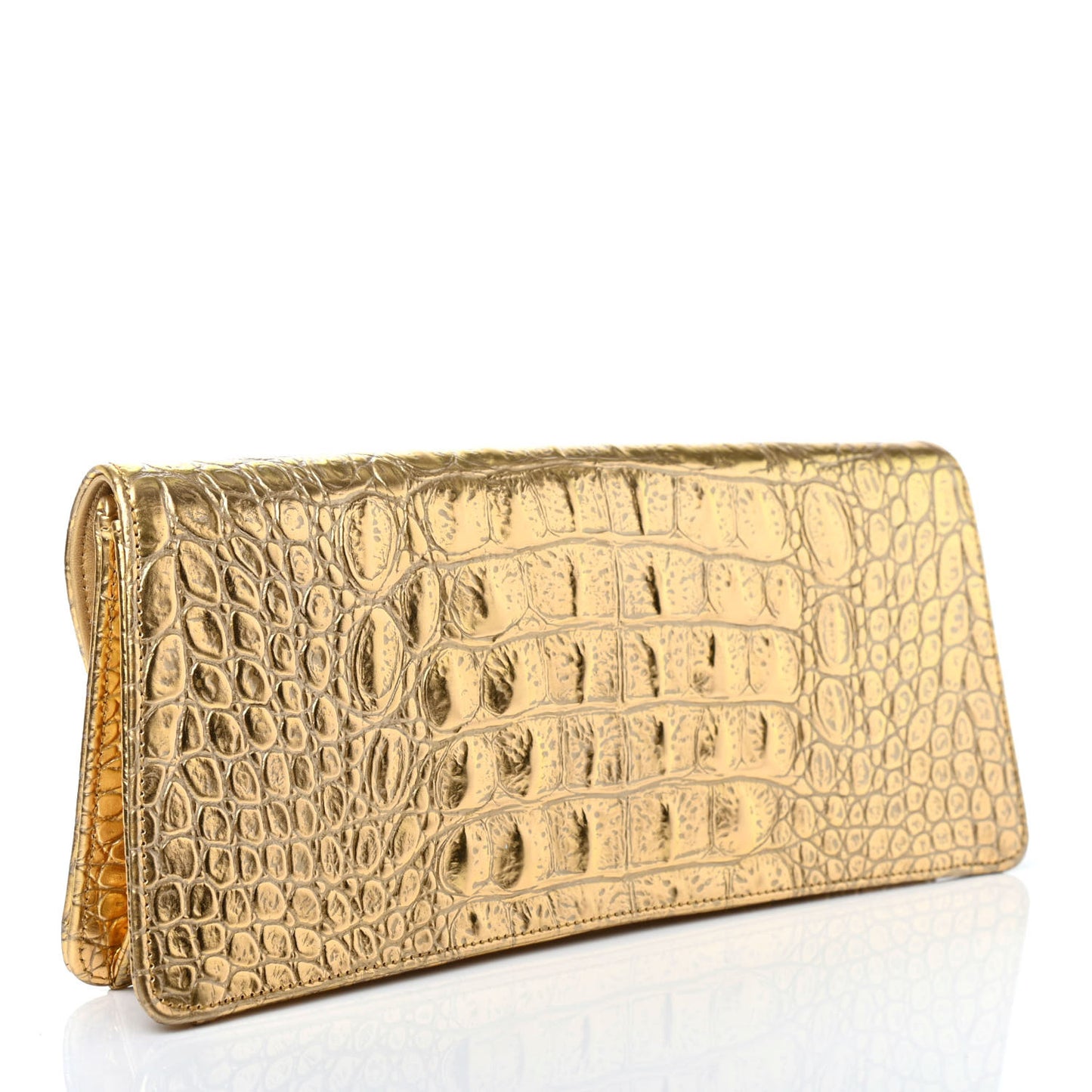 Metallic Calfskin Crocodile Embossed Cocodile Clutch Gold