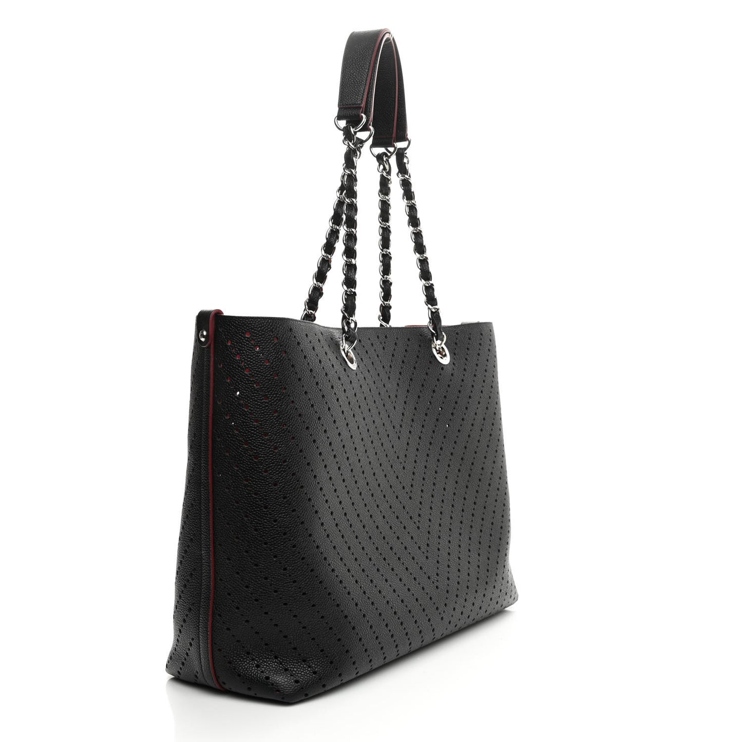 Perforated Grained Calfskin Small Shopping Tote Black
