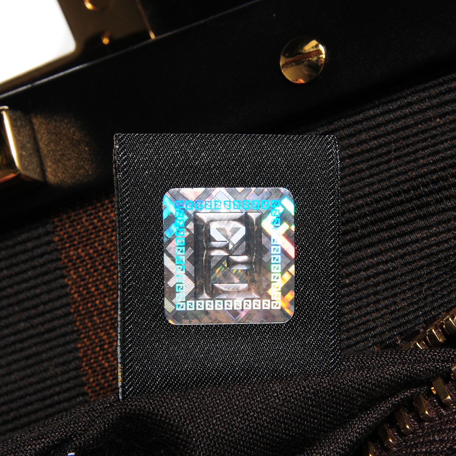 Fendi Vitello Morgan Fabric Jacquard Pequin Medium Peekaboo Iconic Satchel Black Tobacco 10 of 11