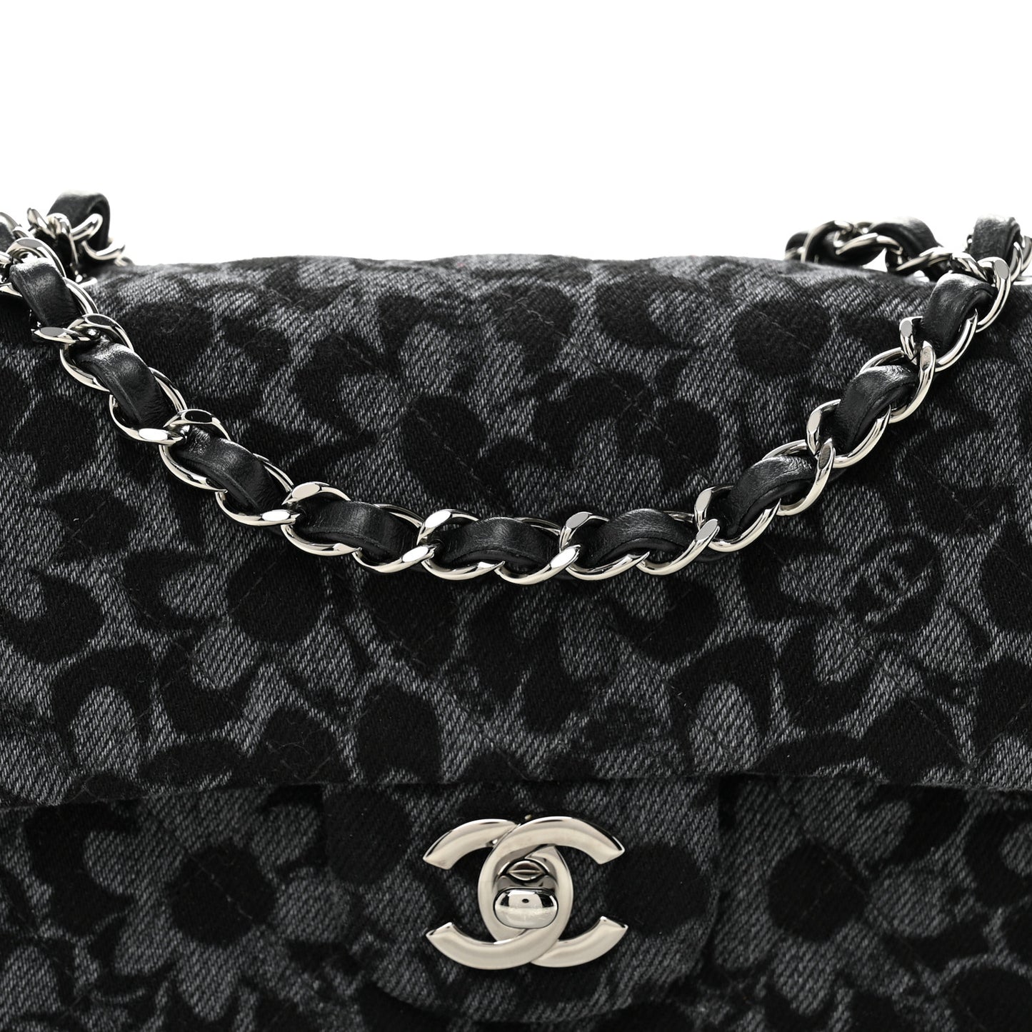 Printed Denim Quilted Flower Mini Rectangular Flap Black