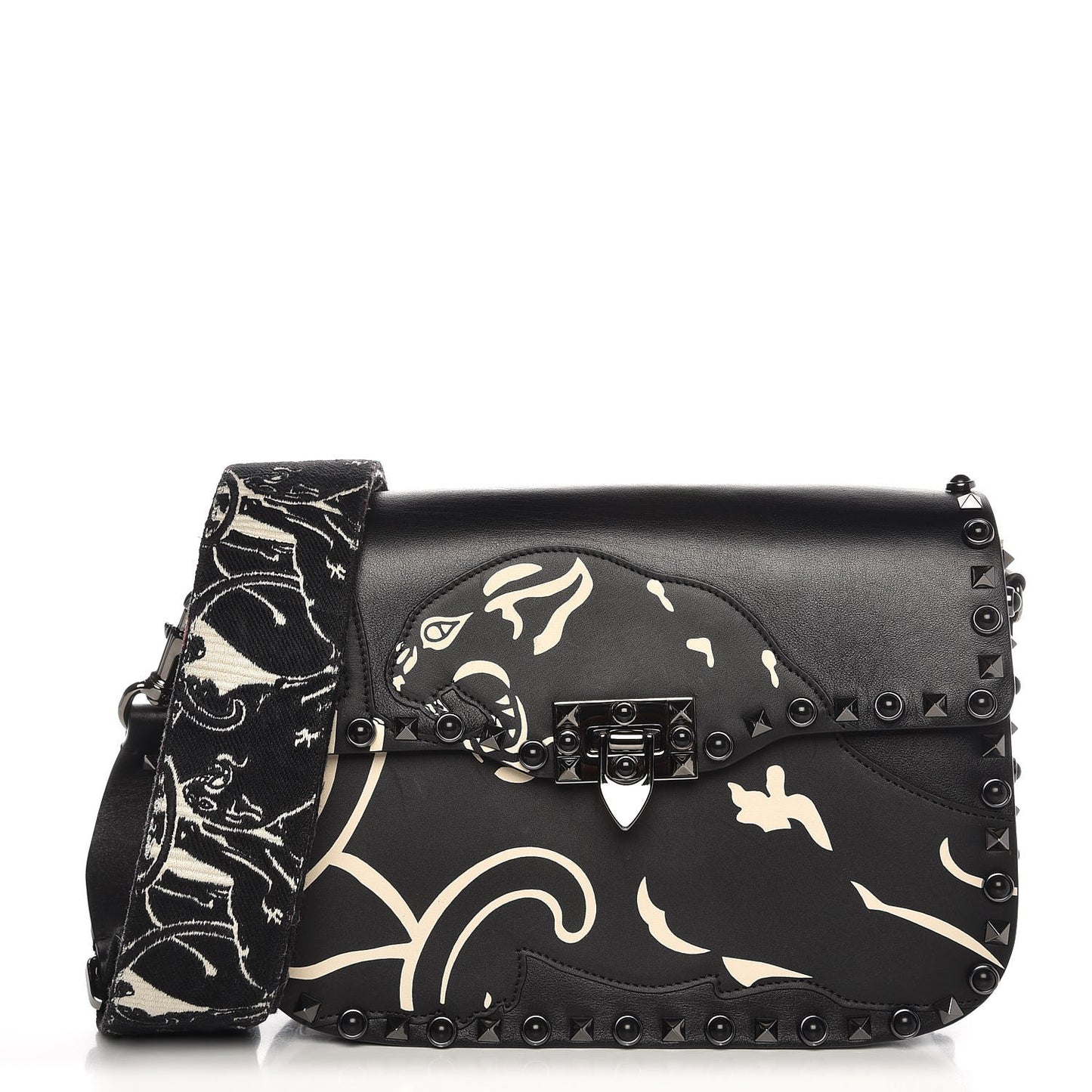 Calfskin Panther Medium Guitar Strap Rockstud Rolling Flap Saddle Bag Black