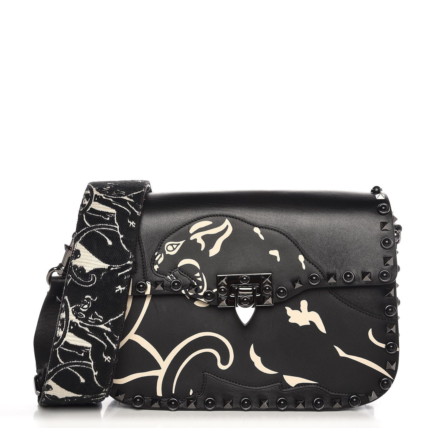 Valentino Garavani Calfskin Panther Medium Guitar Strap Rockstud Rolling Flap Saddle Bag Black 1 of 7