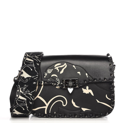 Valentino Garavani Calfskin Panther Medium Guitar Strap Rockstud Rolling Flap Saddle Bag Black 1 of 7