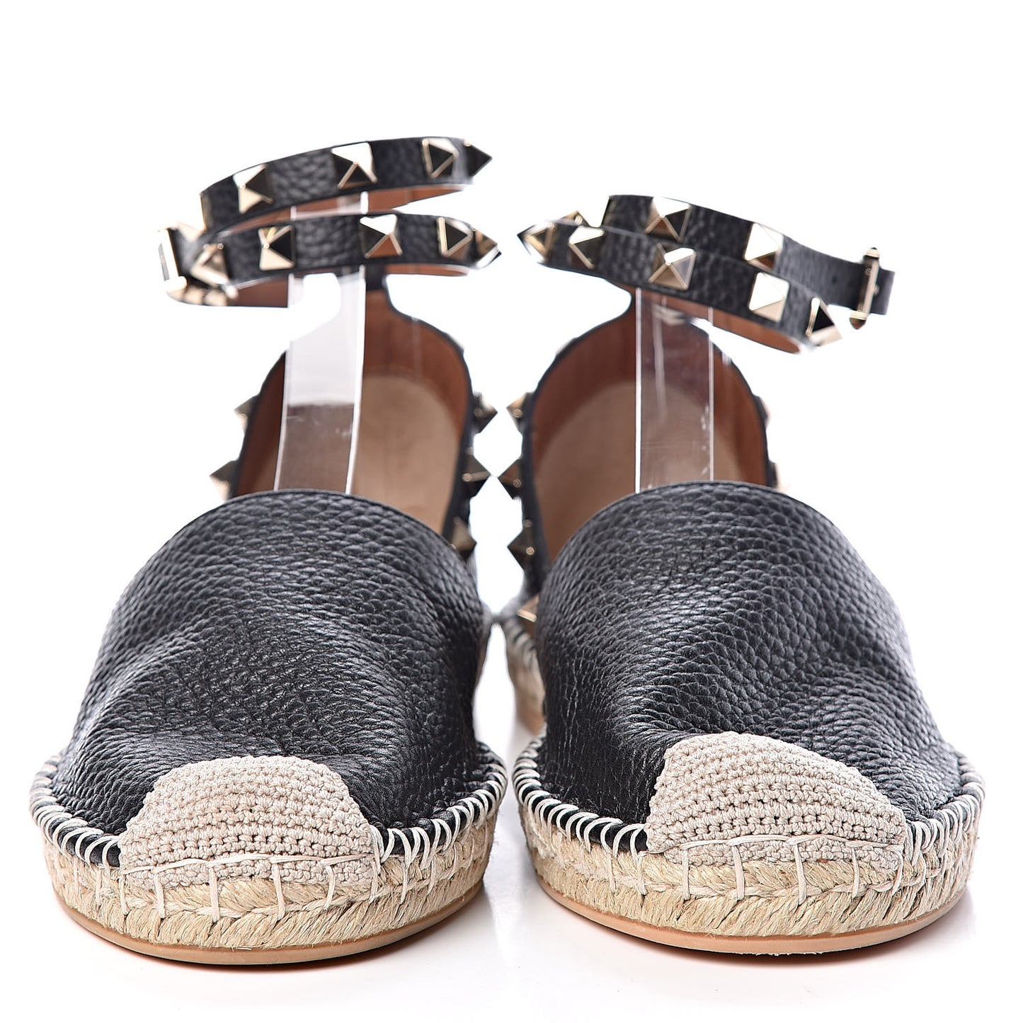 Grained Calfskin Rockstud Ankle Wrap Espadrille 20mm Flats 37 Black Light Cuir Natural
