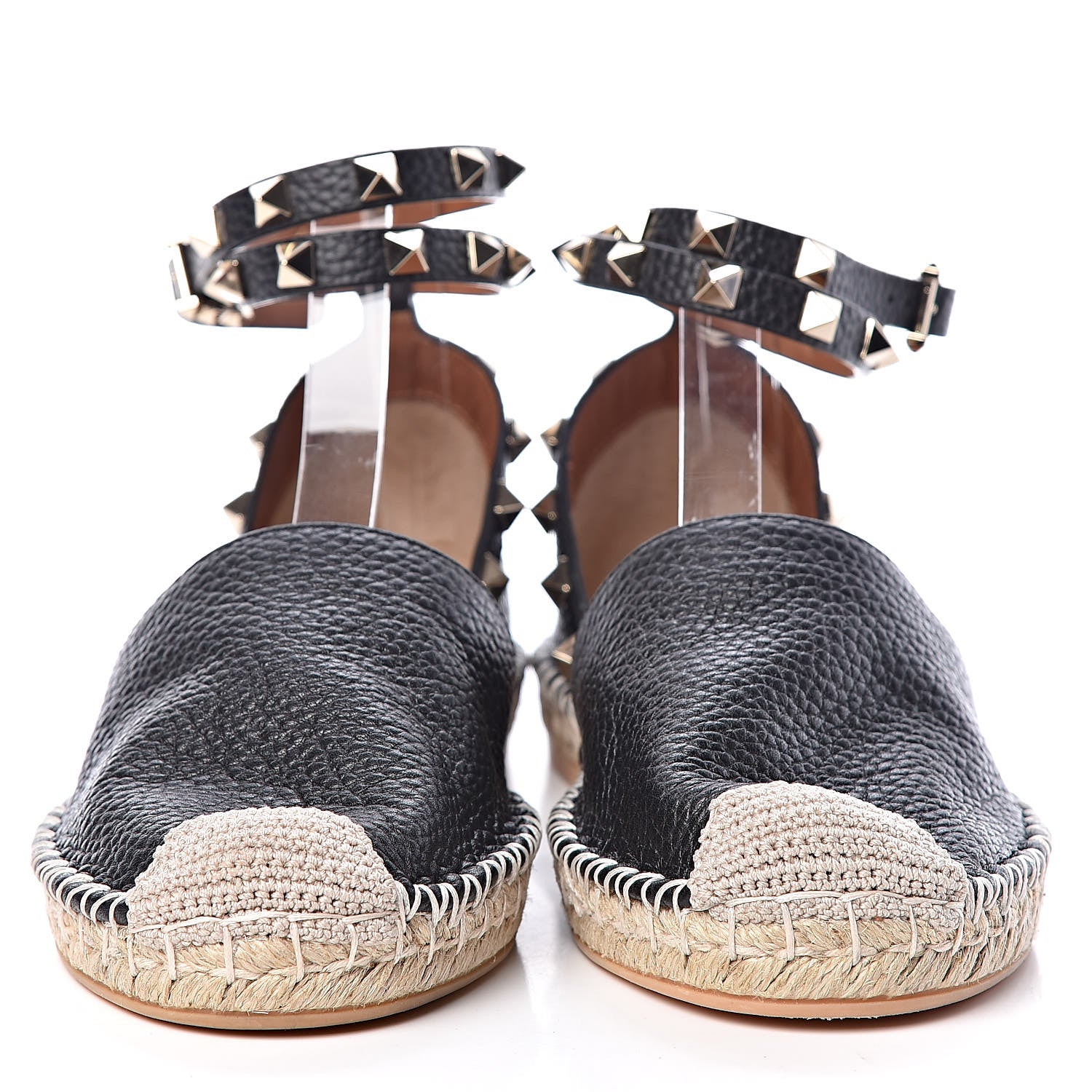 Valentino Garavani Grained Calfskin Rockstud Ankle Wrap Espadrille 20mm Flats 37 Black Light Cuir Natural 2 of 9