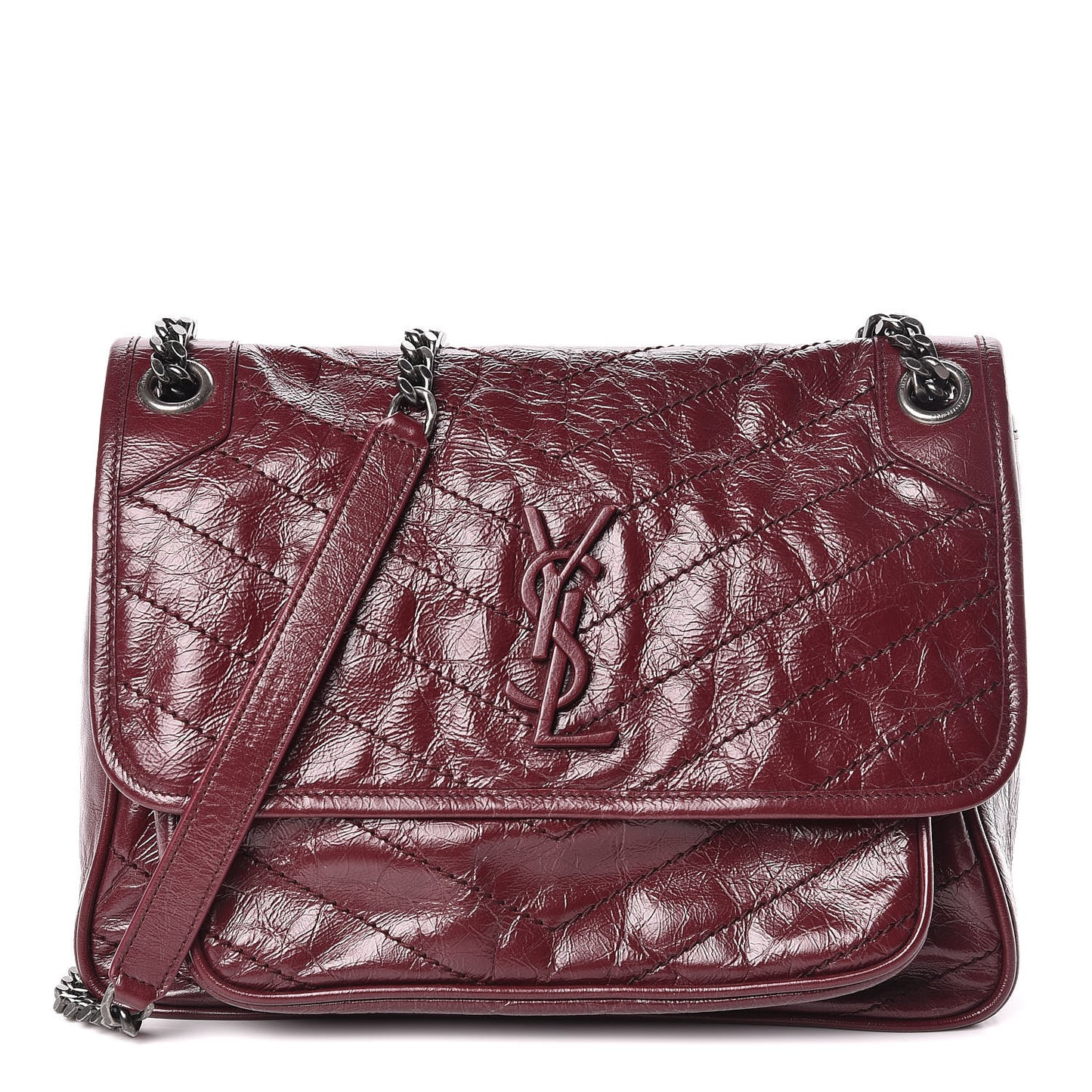Crinkled Calfskin Matelasse Monogram Medium Niki Chain Satchel Burgundy