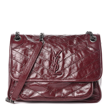 Saint Laurent Crinkled Calfskin Matelasse Monogram Medium Niki Chain Satchel Burgundy 1 of 10