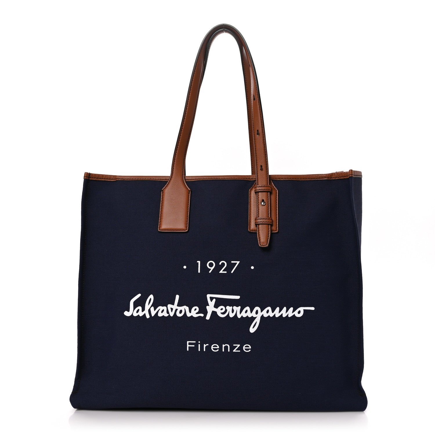Salvatore Ferragamo Canvas 1927 Signature Tote Navy Brown 1 of 9