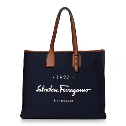 Salvatore Ferragamo Canvas 1927 Signature Tote Navy Brown 1 of 9