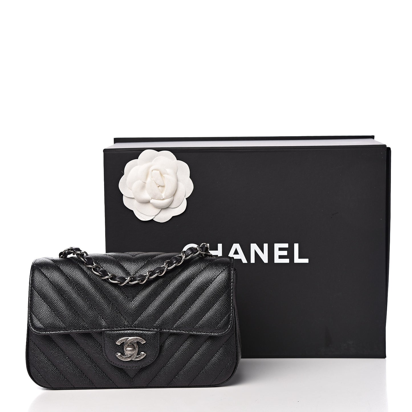 Iridescent Caviar Chevron Quilted Mini Rectangular Flap Black
