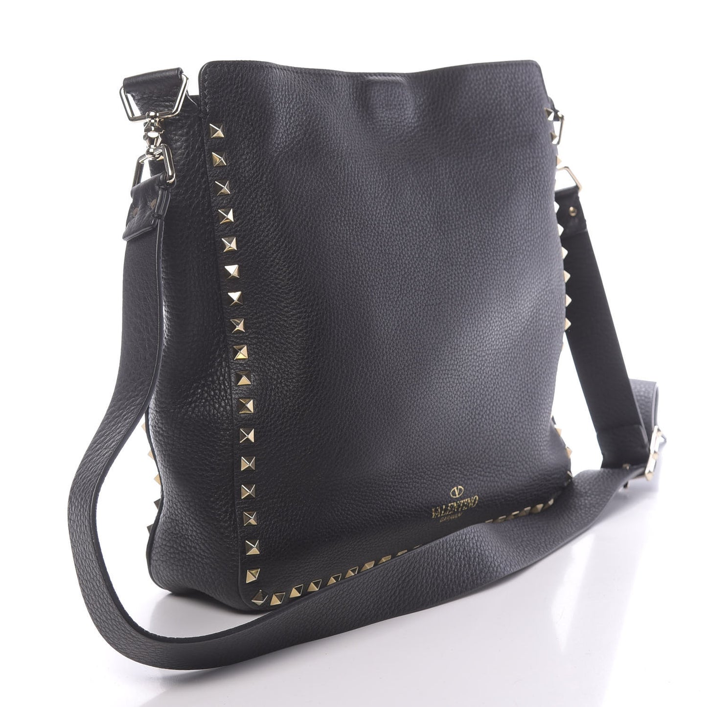 Pebbled Calfskin Large Rockstud Flip-Lock Messenger Bag Black