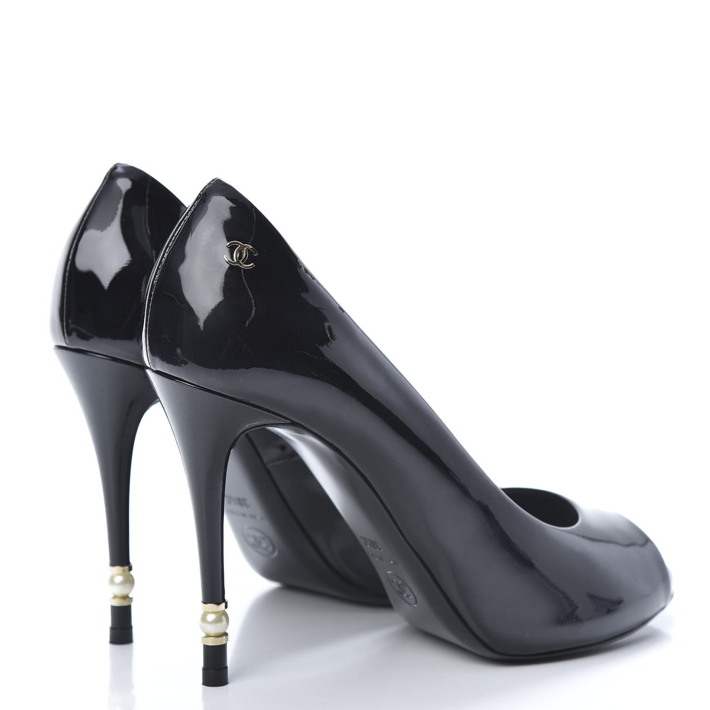 Patent Pearl Embellished Heel Peep Toe CC Pumps 38.5 Black