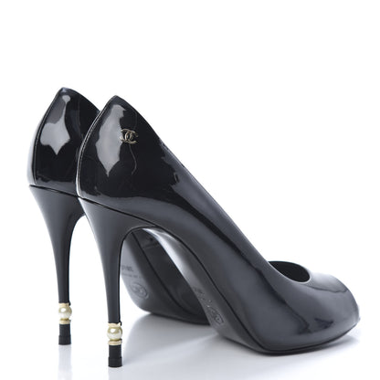 Chanel Patent Pearl Embellished Heel Peep Toe CC Pumps 38.5 Black 4 of 7