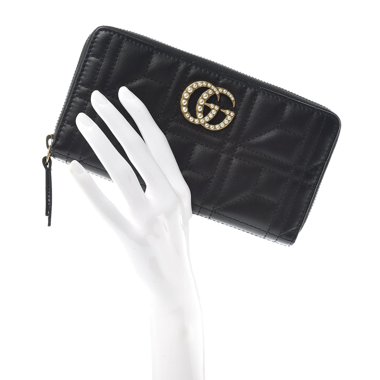 Calfskin Matelasse Pearly GG Marmont Zip Around Wallet Black