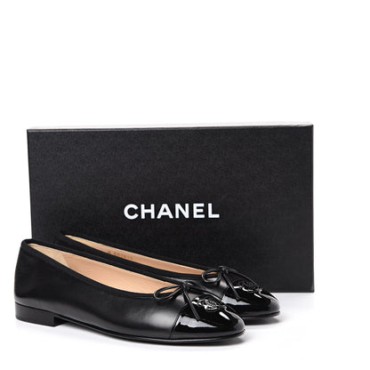 Chanel Lambskin Patent Cap Toe Ballerina Flats 38 Black 9 of 9