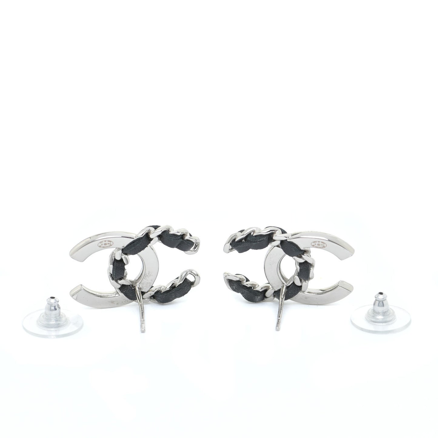 Crystal Baguette Lambskin Large CC Earrings Silver Black