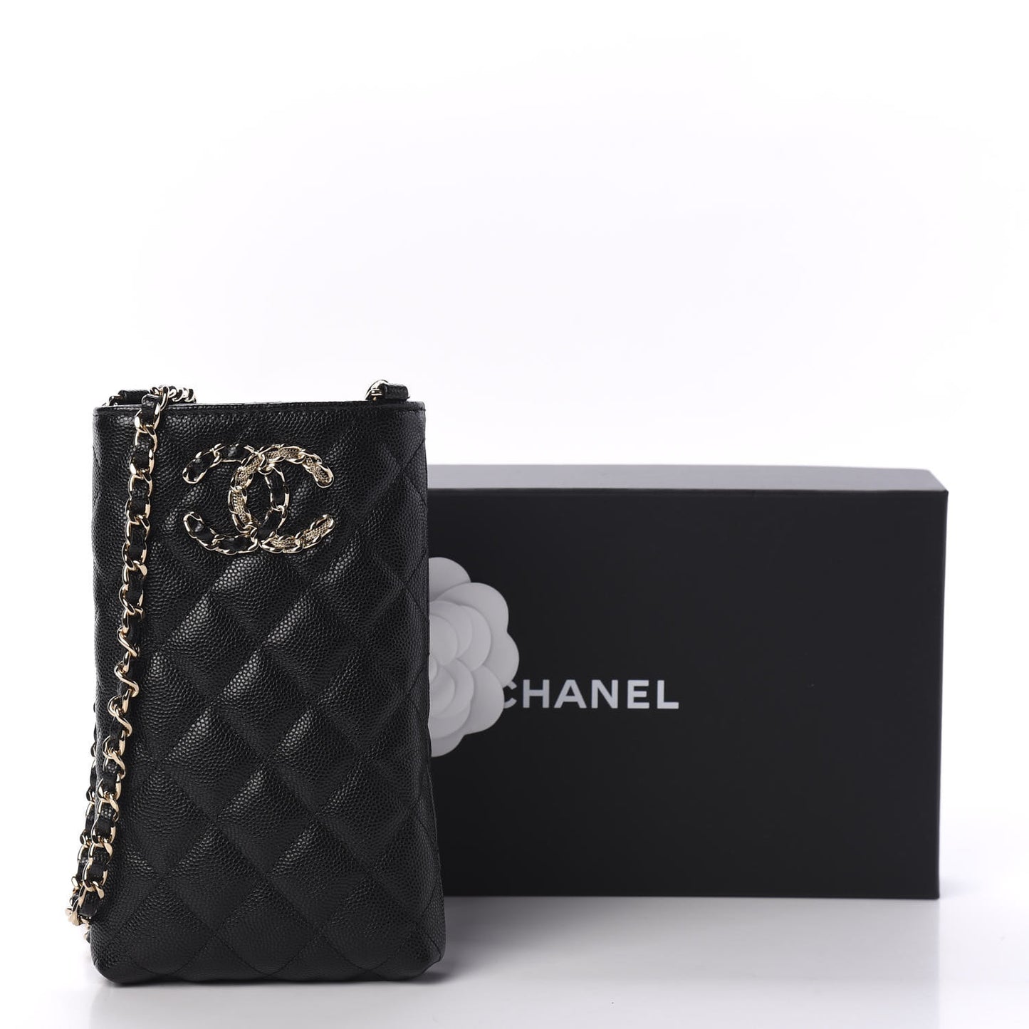 Caviar Quilted French New Wave Phone Holder With Chain Black