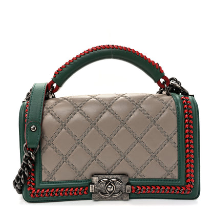 Chanel Lambskin Quilted Medium Top Handle Boy Flap Grey Green Red 1 of 11