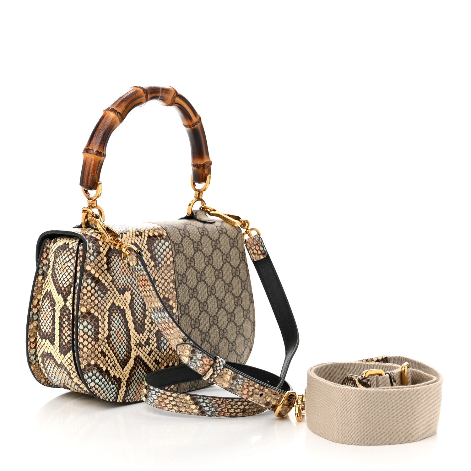 Gucci GG Supreme Snakeskin Medium Bamboo 1947 Top Handle Bag Beige 3 of 10